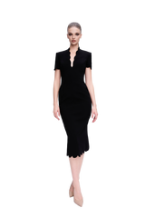 PLUNGING SCALLOPED CREPE DRESS