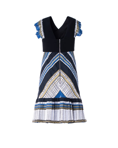 CROSS NECK STRIPED DRESS WITH PLEATED SHOULDERS AND HEM