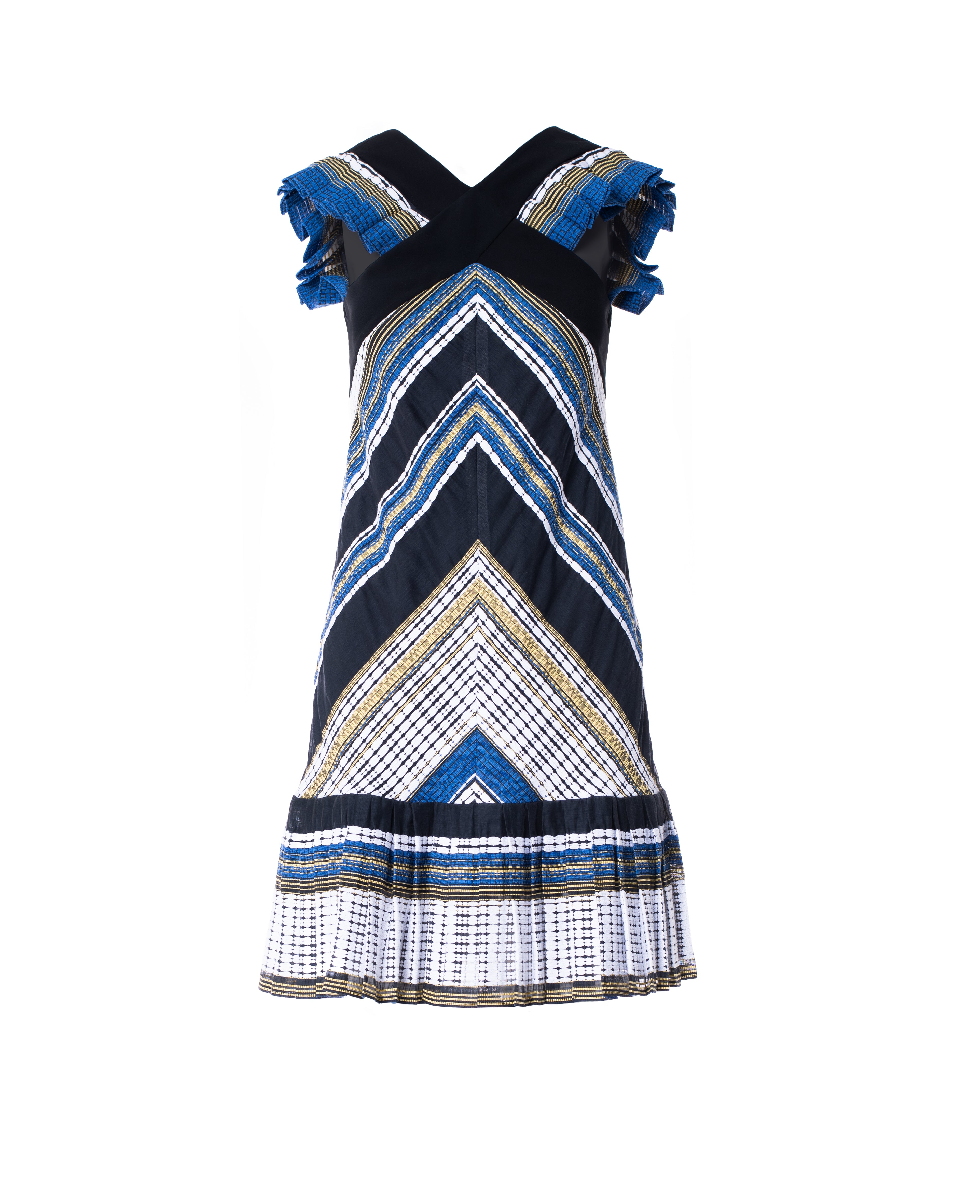 CROSS NECK STRIPED DRESS WITH PLEATED SHOULDERS AND HEM