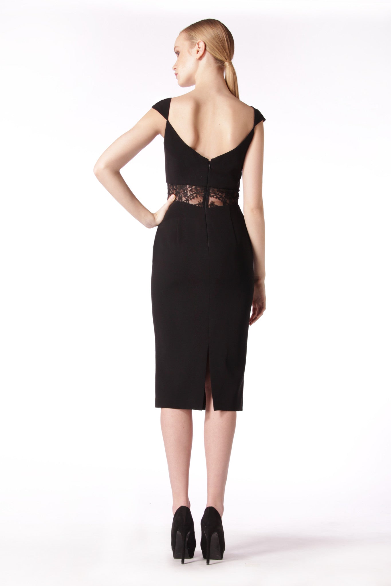 CAP SLEEVE PENCIL DRESS WITH LACE CUT-OUT DETAIL