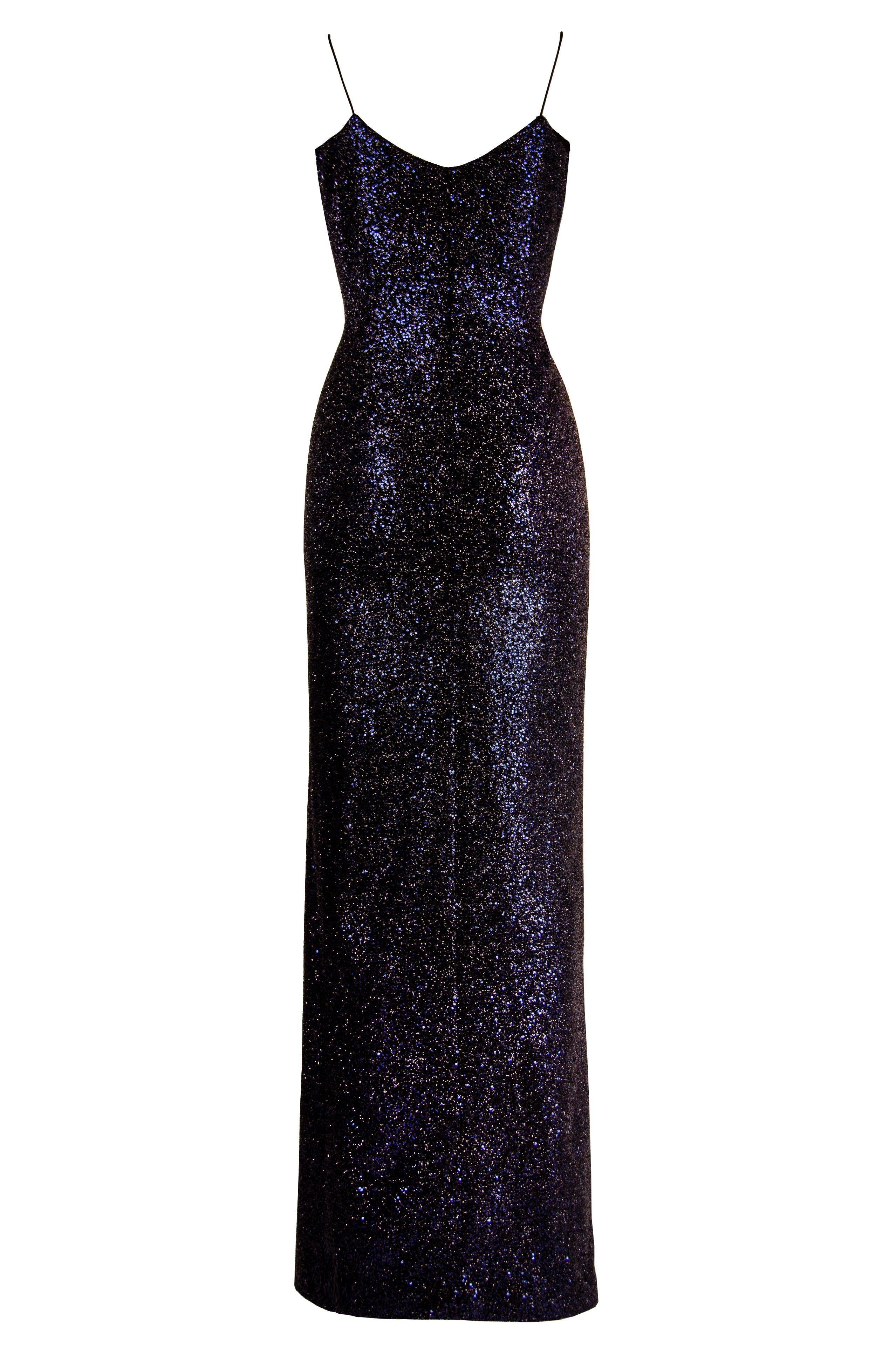 SEQUIN SPAGHETTI STRAP GOWN WITH FRONT DRAPE