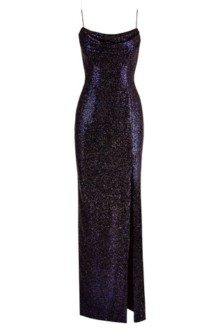 SEQUIN SPAGHETTI STRAP GOWN WITH FRONT DRAPE