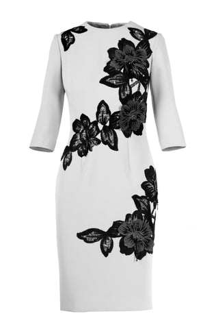CREPE DRESS WITH BEADED FLORAL APPLIQUES